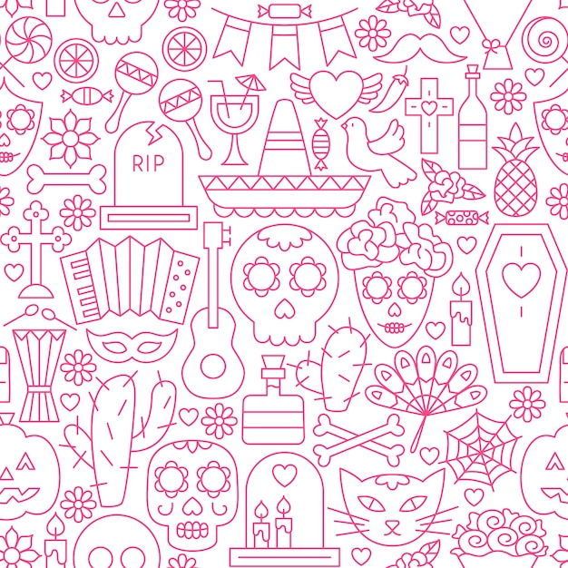 Day of the Dead Line Seamless Pattern. Vector Illustration of Outline Tileable Background.