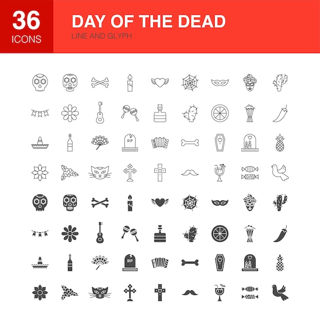 Day of the Dead Line Web Glyph Icons. Vector Illustration of Dia De los Muertos Outline and Solid Symbols.