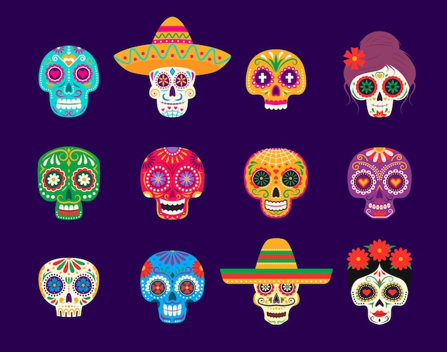 Day of dead mexican calavera skulls Dia de los muertos holiday sugar skulls Vector set of traditional calaca skeleton heads for holiday celebration Mexico Halloween mariachi and catrina craniums