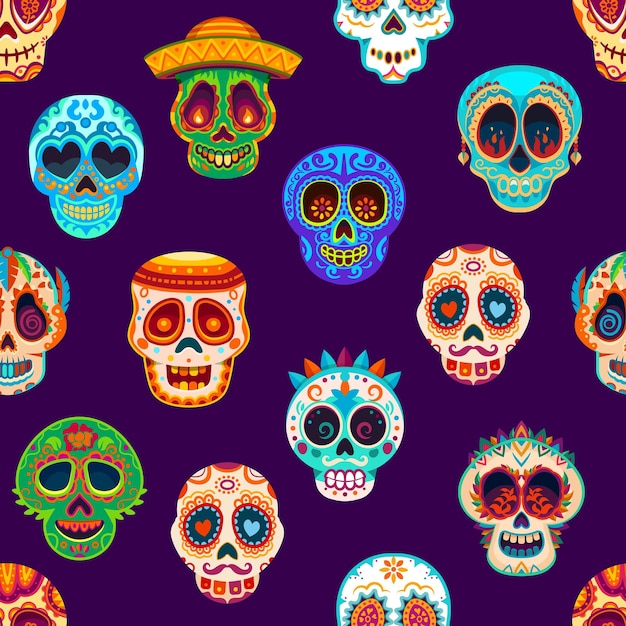 Day of dead mexican calavera sugar skulls seamless pattern dia de los muertos holiday fabric print mexican seamless wallpaper or textile colorful background with ornate funny calavera skulls