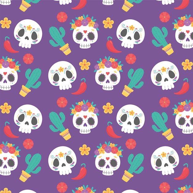 Day of the dead, mexican celebration culture cactus skull flowers decoration background.