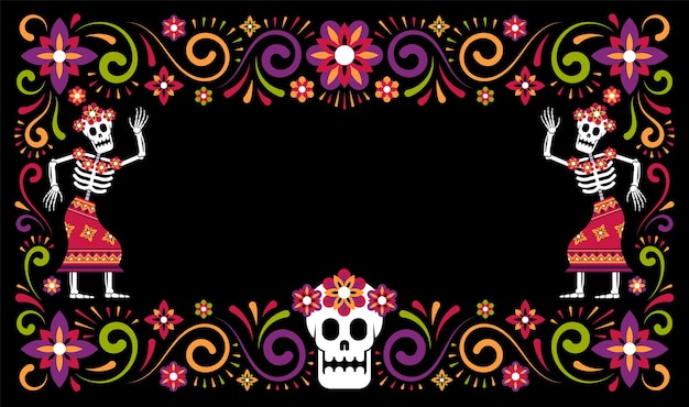 Day of dead mexican halloween ornamental frame with skeletons catrina calavera