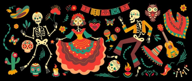 Day of dead mexico festival elements Mexican sugar skulls and dancing skeletons in traditional dresses and flowers Nowaday dia de los muertos vector set of mexican dead banner party illustration