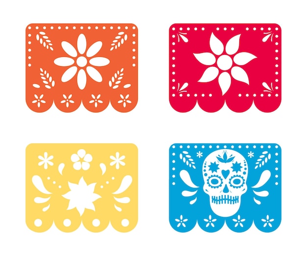 Vector day of the dead in mexico multicolored flags with symbols mexican papel picado