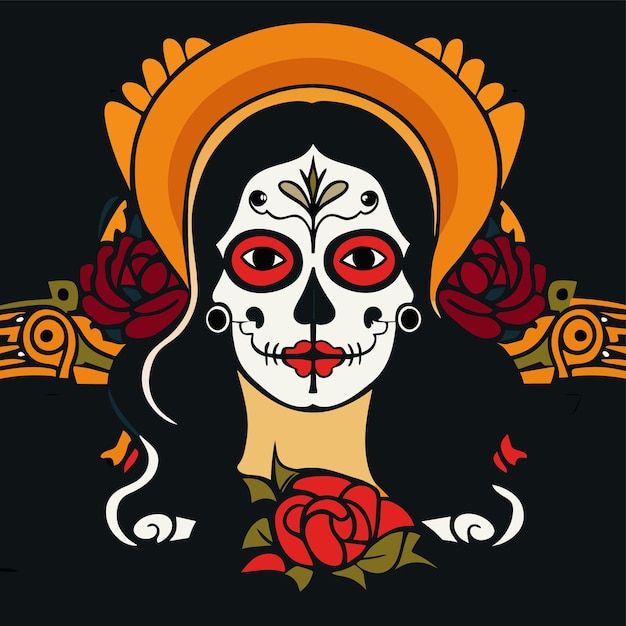 Vector day of the dead muertos girl illustration of dia de los muertos hand drawn flat stylish cartoon