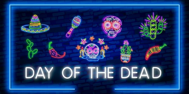 Day of the dead neon icon set