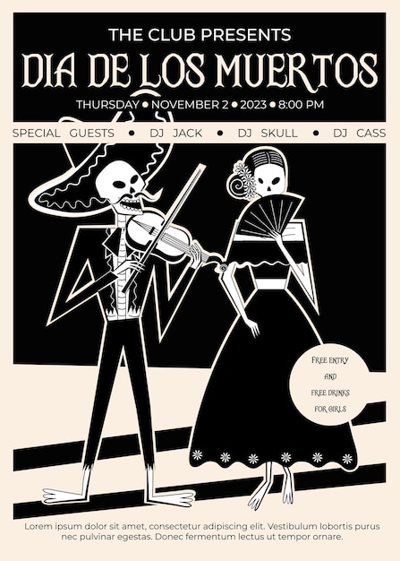 Vector day of the dead party club poster with skeleton couple characters