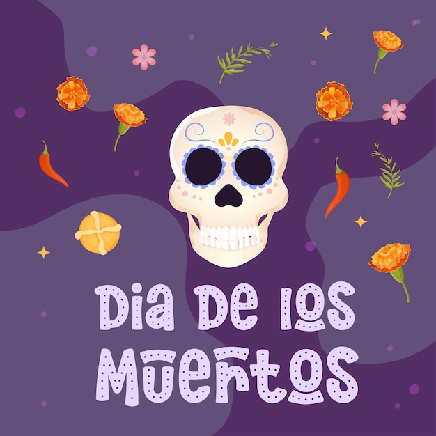 Day of the dead postcard skull and flor de muerto