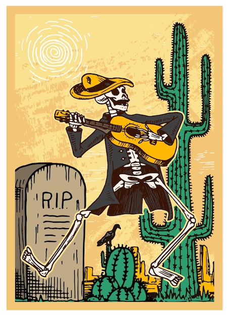 day of the dead posters on a colored background skeletons dance and play musical instruments in spanish dia de los muertos religious holiday with happy skulls hand drawn engraved banner set