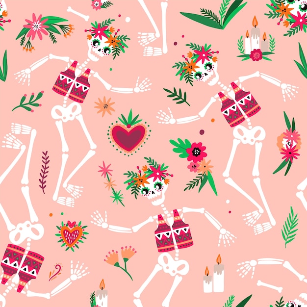 Day Of The Dead seamless pattern with funny skeletons dancing and celebrating traditional Mexican holiday. Festive vector illustration in flat cartoon style for fabric print, wallpaper, backdrop.