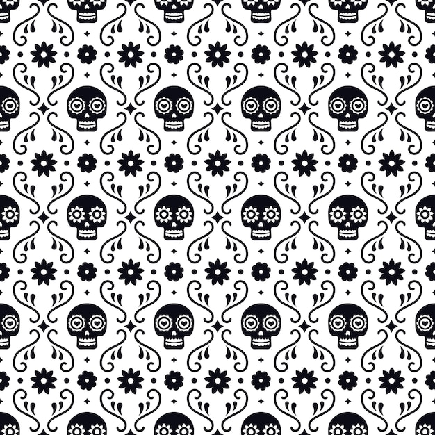 Day of the dead seamless pattern with skulls and flowers on white background. Traditional mexican Halloween design for Dia De Los Muertos holiday party. Ornament from Mexico.