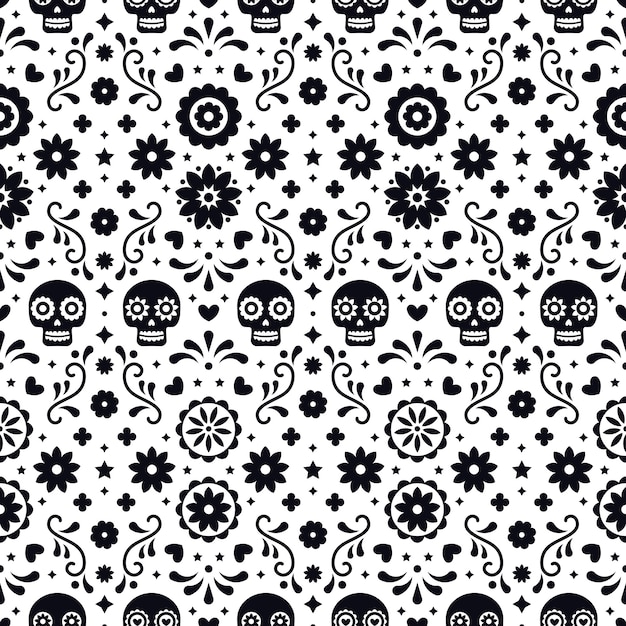 Vector day of the dead seamless pattern with skulls and flowers on white background. traditional mexican halloween design for dia de los muertos holiday party. ornament from mexico.