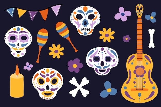 Day of the dead set day of the dead in mexico vector illustration collection of skulls maracas guitar bones