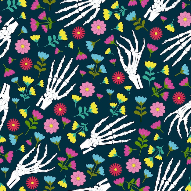 Day of the dead skeleton hand and flower seamless pattern