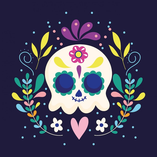 Day of the dead, skull flowers floral heart decoration traditional mexican celebration