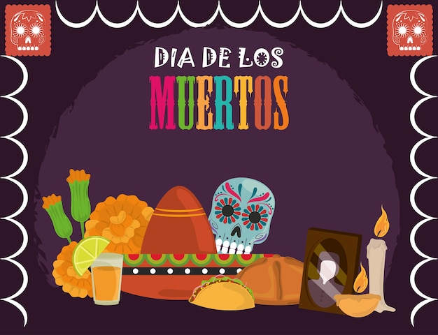 死者の日、シュガースカルハットテキーラフラワーカード、メキシコのお祝いのベクトル図