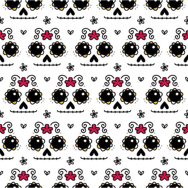 Day of the dead sugar skull seamless pattern with catrina la calavera hand drawn doodle vector illus