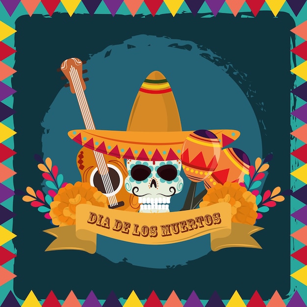 Day of the dead, sugar skull with hat guitar maracas and flowers, mexican celebration vector illustration