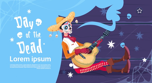 Giorno dei morti tradizionale messicana halloween holiday party decoration banner invito scheletro gioca chitarra