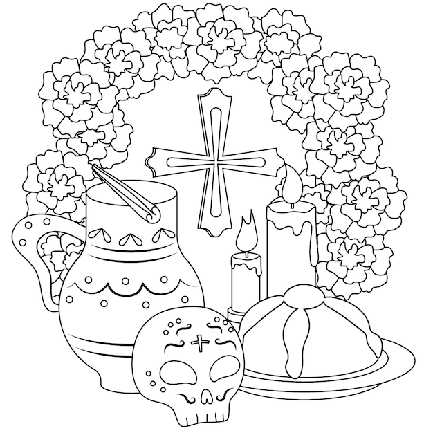 Day of The Dead vector black and white coloring page