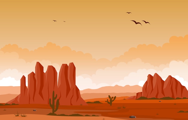 サボテン地平線の風景イラストと広大な西アメリカ砂漠の日