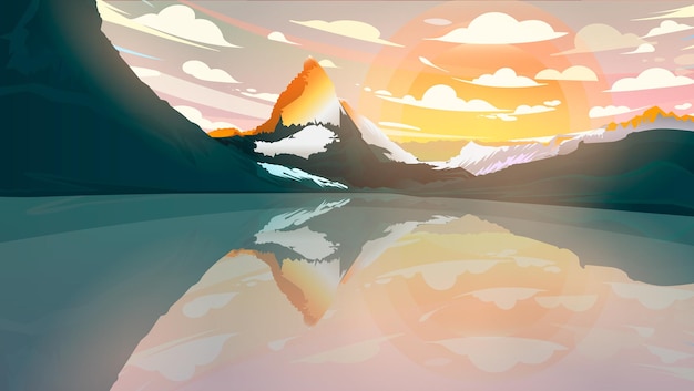 Vector day landscape with mountains on the lake