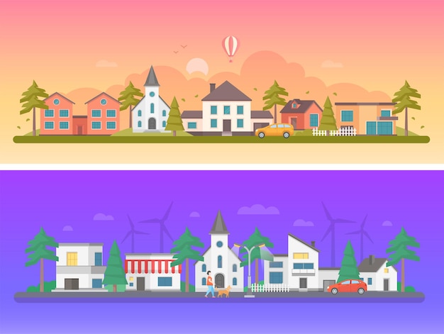 Vector day and night city - set of modern flat vector illustrations on orange and purple background. two variants of urban landscapes with buildings, woman walking a dog, church, cars on the road, windmills