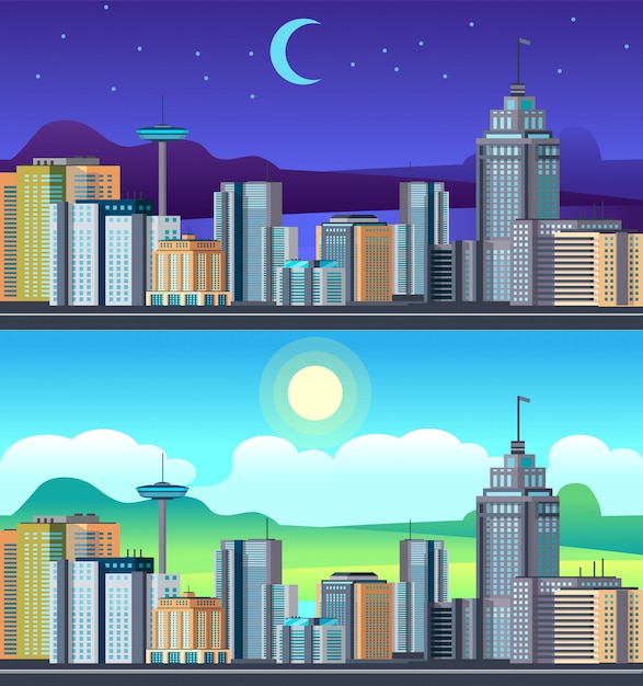 Day night cityscape. buildings city office center, apartment hose hotel day time urvan   set