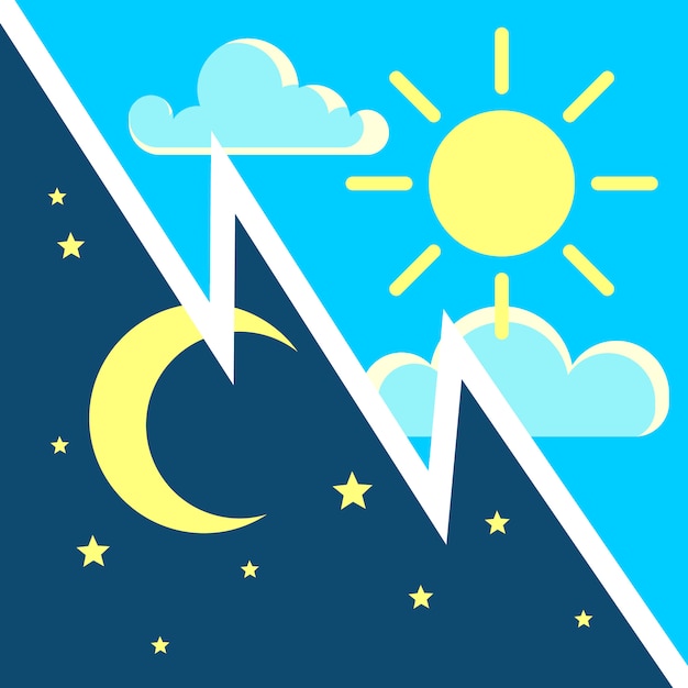 Day and night contrast concept with sun and moon flat icons.