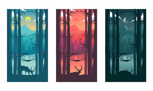 Day and night cycle landscape illustration