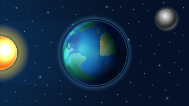 Вектор Дневной ночной цикл. солнечный свет на планете земля, реалистичное солнце и луна. астрономия фон, луч в космосе или солнечной системе абстрактный вектор баннер. иллюстрация астрономической системы, равноденствия и вращения мира