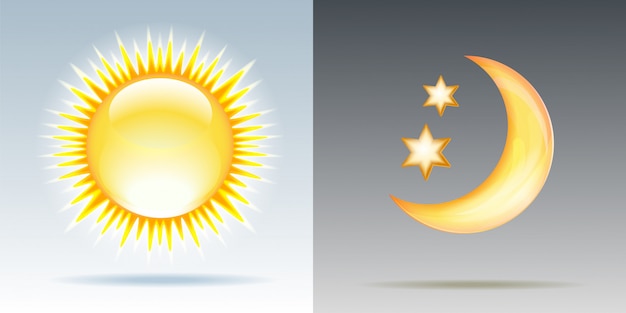 Day and night illustrations with sun and moon.