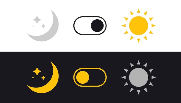 Day and Night mode switch. Sun and Moon. Light filter toggle button. Sleeping mode turn on, off. On Off Switch. Light and Dark Buttons. Simple dark mode switch icon.