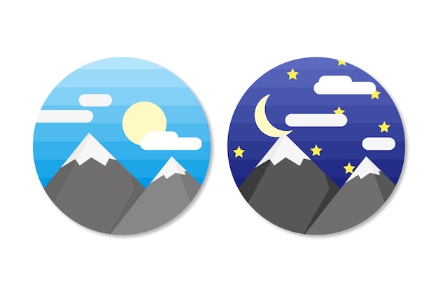 Day and night mountain landscape in flat