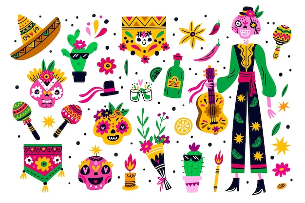 ベクトル 死者の日要素死の休日メキシコ色の装飾伝統的なメキシコのお祝いラテン系フィエスタギターと面白いスケルトン模様のシュガー スカル ムエルトス カーニバル派手なベクトル分離セット