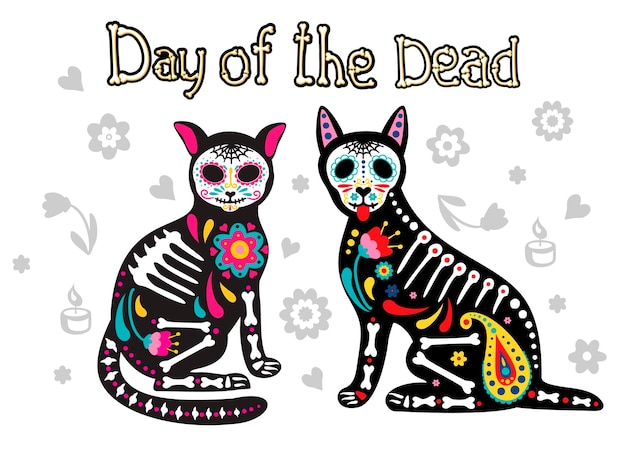 ベクトル 死者の日 dia de los muertos 犬と猫の頭蓋骨と骸骨の装飾が施されたカラフルなメキシコ