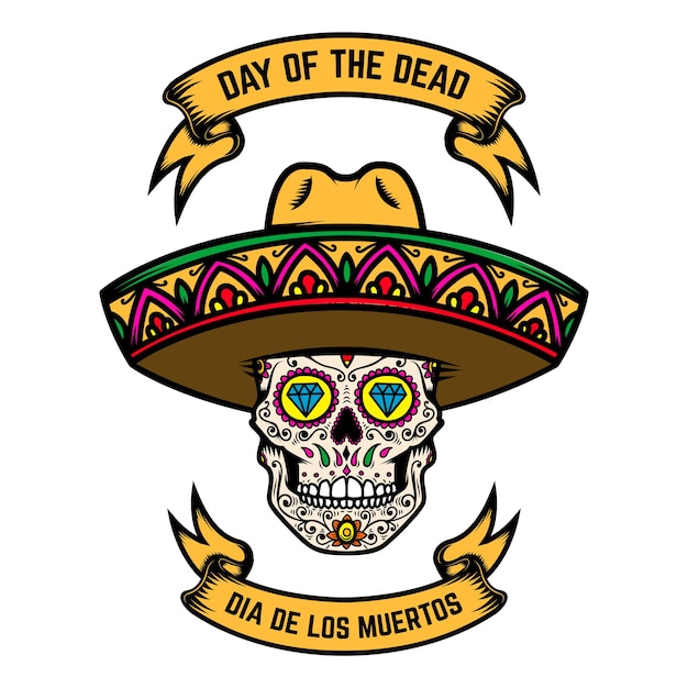 死者の日（dia de los muertos）。ソンブレロのメキシコの砂糖の頭蓋骨。ポスター、ロゴ、ラベル、サイン、カード、バナーのデザイン要素。ベクトルイラスト