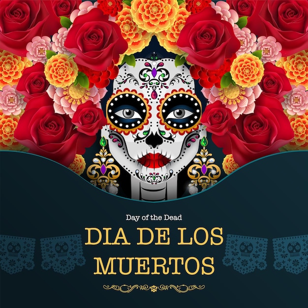 죽음의 날, Dia De Los Muertos, 종이 검정 배경에 금잔화 꽃 화환이 있는 설탕 두개골.