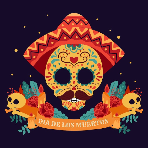 Вектор День мертвых, dia de los muertos, с красочными мексиканскими цветами.