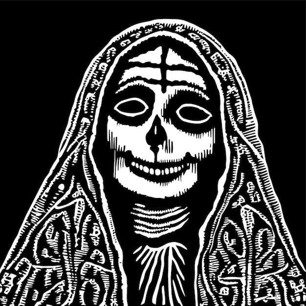 Вектор День мертвой девушки сахарный череп нарисованный вручную мультфильм наклейка иконка изолированная иллюстрация