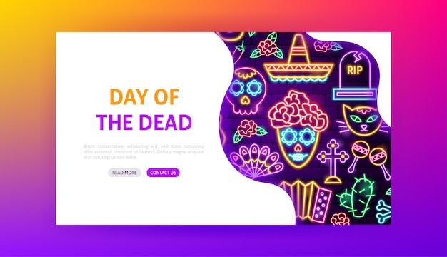 死者の日ネオンランディングページ。ホリデープロモーションのベクトルイラスト。
