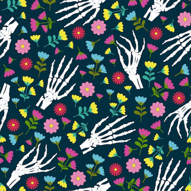 死んだスケルトンの手と花のシームレスパターンの日
