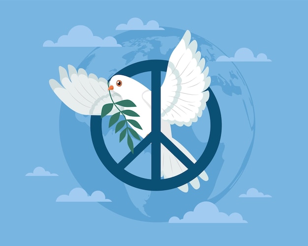 Vector day peace international love symbol tranquility and calm harmony white dove with olive branch in its beak flying in sky banner template poster design vector cartoon flat concept