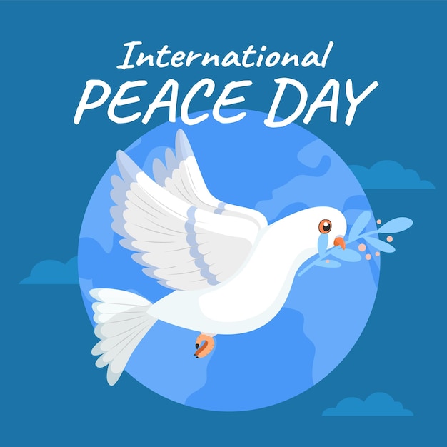 Manifesto del giorno della pace world hope international holiday uccello bianco con ramoscello verde nel becco animale volante e ramo d'ulivo piccione pacifico sullo sfondo della terra colomba e rametti concetto vettoriale