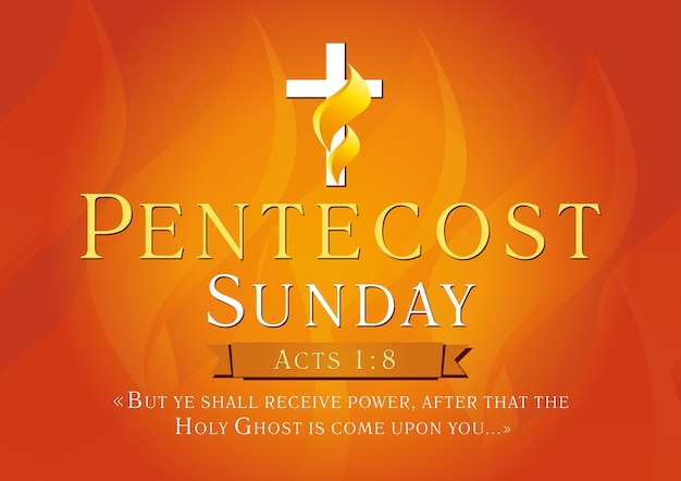 Day of Pentecost invitation concept. Cross shape with flames. Text from the Acts 1, 8.