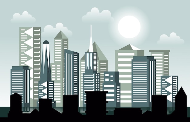 День Солнца Современный Город Небоскреб Здание Городской Пейзаж Skyline Иллюстрация