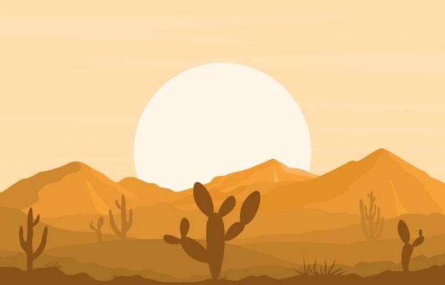 Vector day in vast desert rock hill mountain with cactus horizon landscape illustration