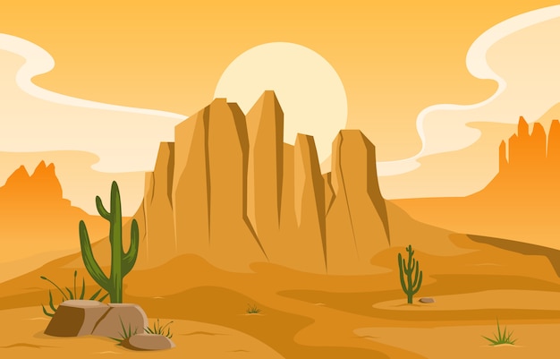 Day in vast western american desert with cactus horizon landscape illustration