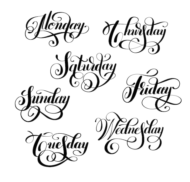 Hand Lettered Days of the Week. Calligraphy words Monday, Tuesday, Wednesday,  Thursday, Friday, Saturday, Sunday. Lettering Stock Vector Image & Art -  Alamy