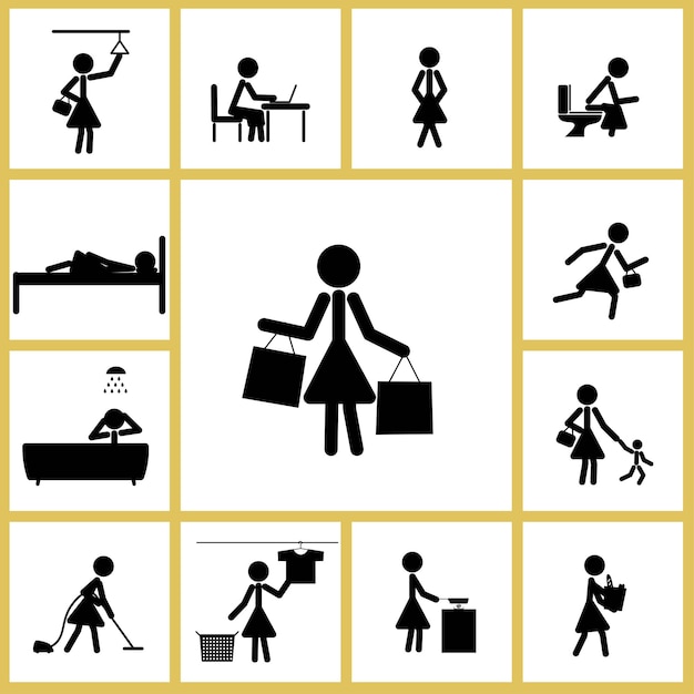 Vector a day of a woman vector in stickman style a womans daily activities black stick figure symbol